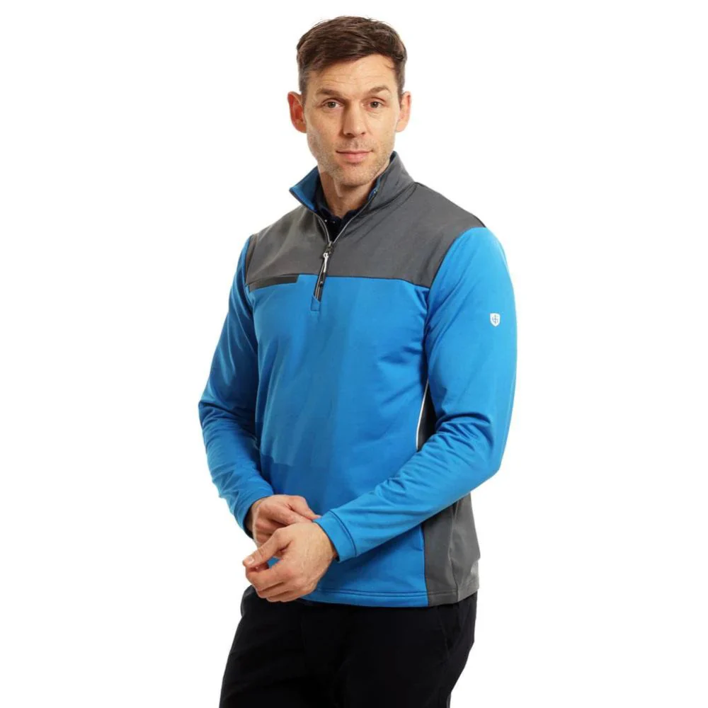 Island Green 1/4 Zip Colour Block Men's Pullover Golf Top - Mid Blue / Charcoal