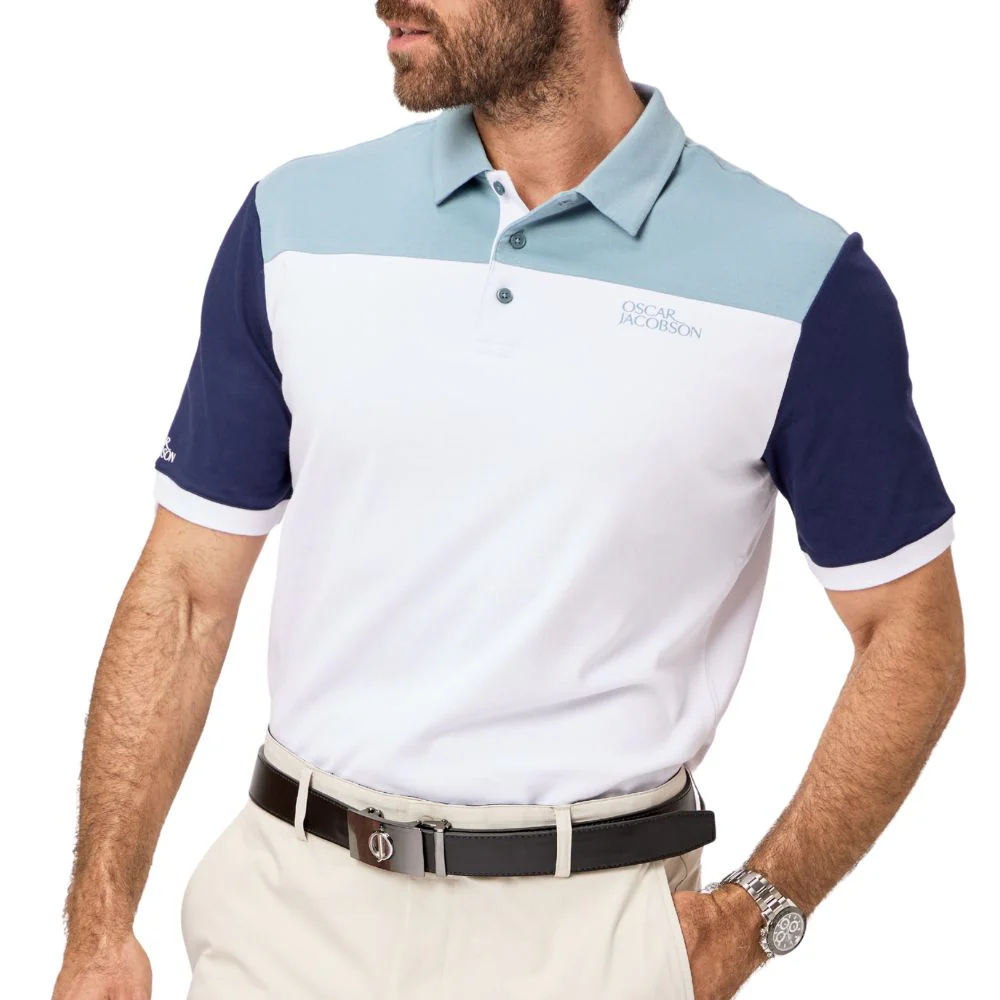 Oscar Jacobson Adelaide Men's Golf Polo Shirt 2026 - White/Skyway - Image 2